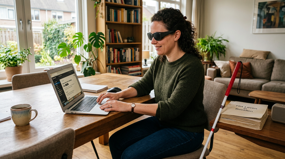 Blinde vrouw achter een laptop zittend aan een eettafel
