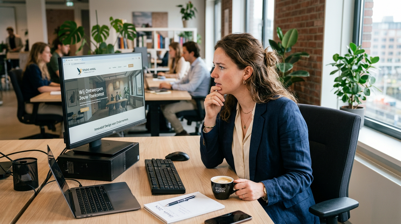 Check je eigen website. Een ondernemer zit critisch haar eigen website te bekijken