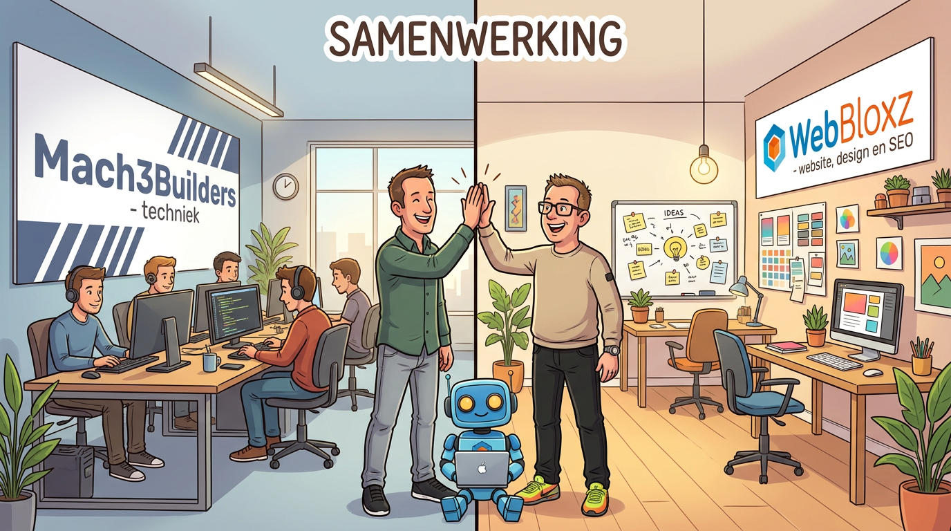 Links zie je het kantoor van Mach3builders waar programmeurs aan het werk zijn, rechts zie je het kantoor van WebBloxz. Michel en Marcel elkaar een high five