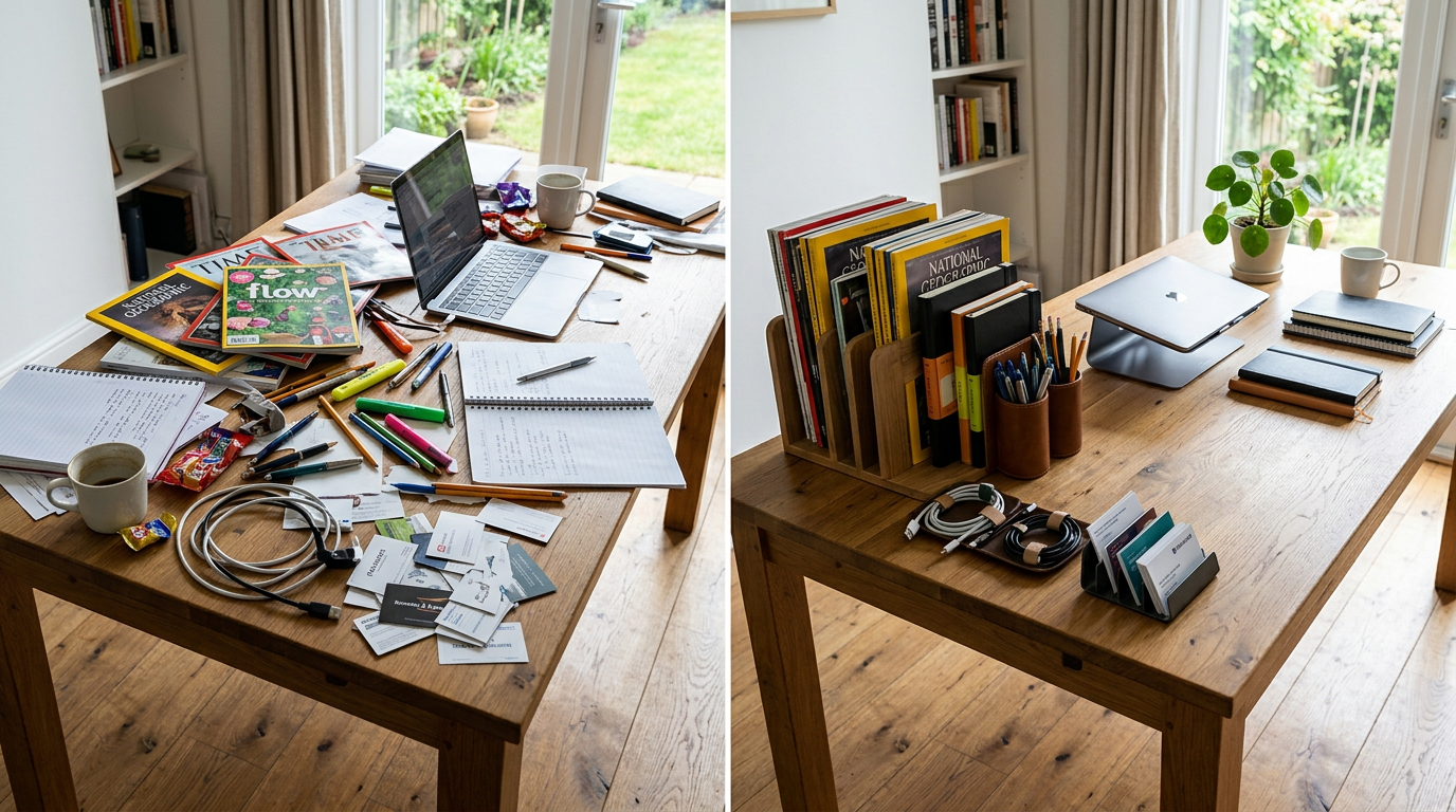 Links een tafel met een hoop spullen die door elkaar liggen, rechts een tafel met dezelfde spullen, netjes geordend.